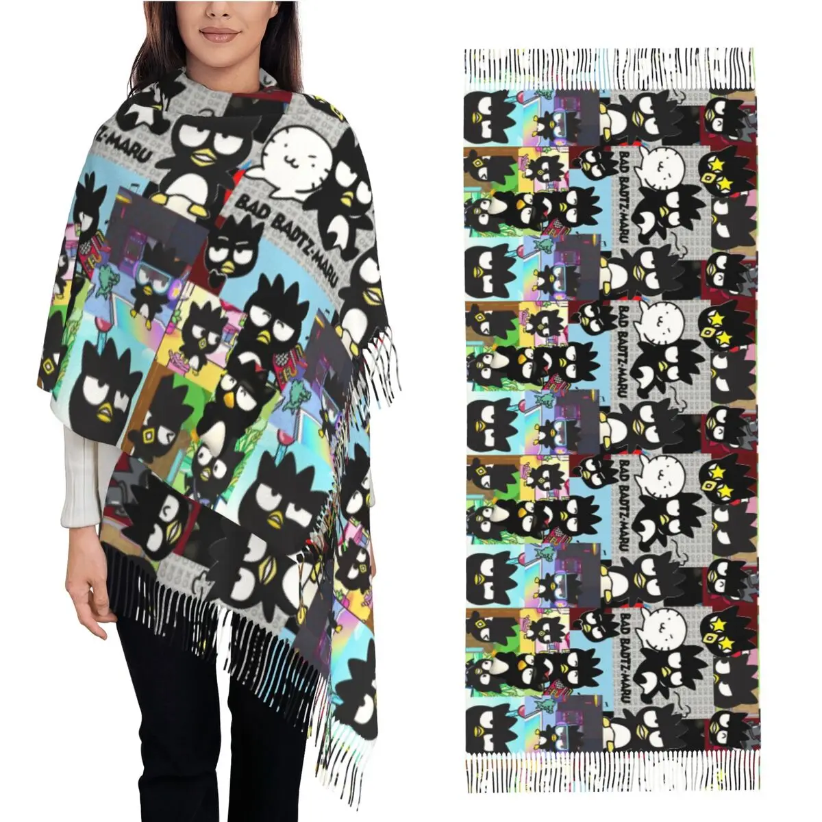 Badtz Maru-女性用の長いタッセル付きの漫画のヘッドスカーフ,高級ショールとラップ,カスタムメイド,屋外,冬,2024