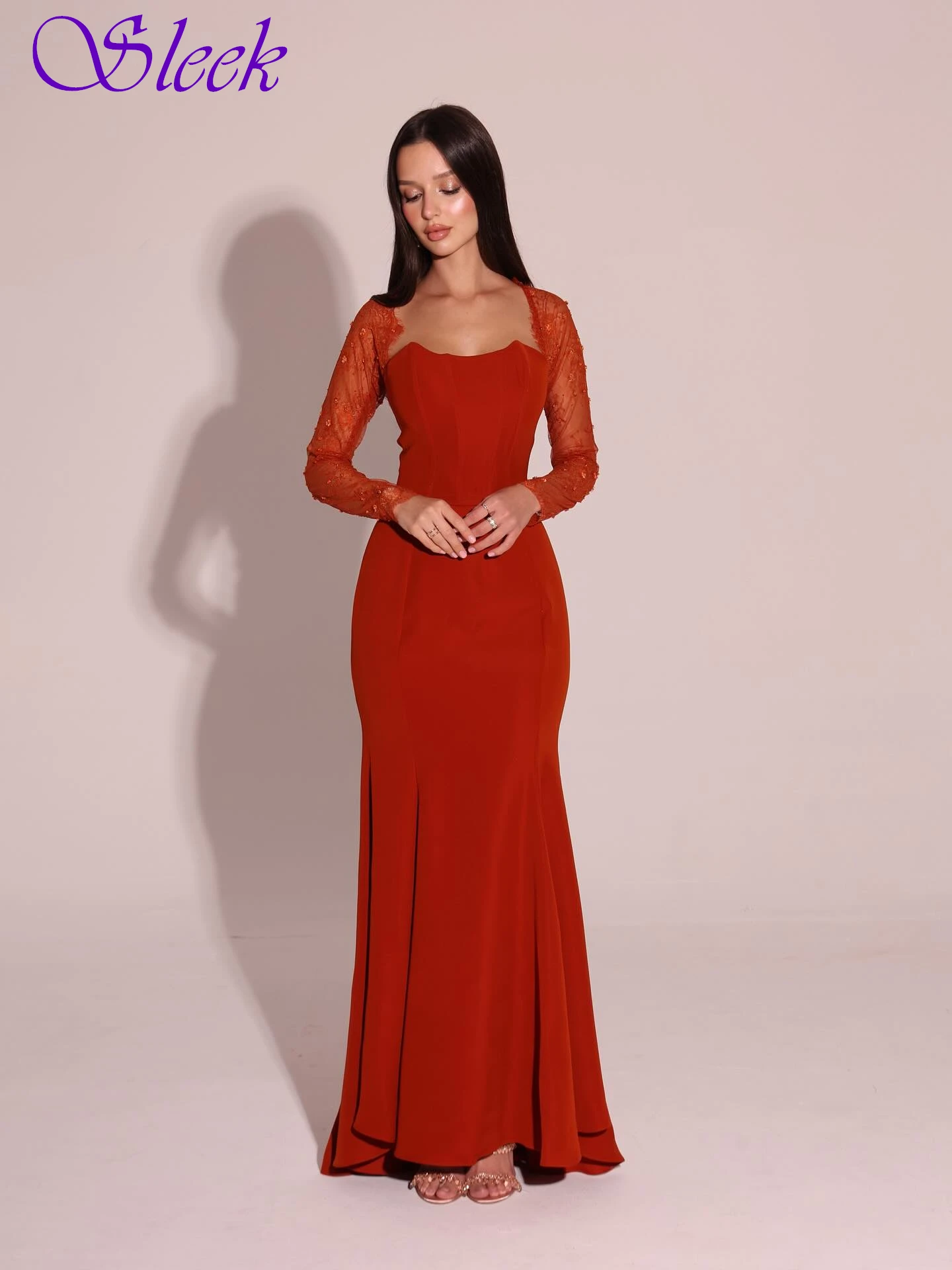 

Customized Mermaid Square Collar Long Sleeves Classic Evening Dress Delicate High Quality Celebrity Gowns Fashion Prom Dress