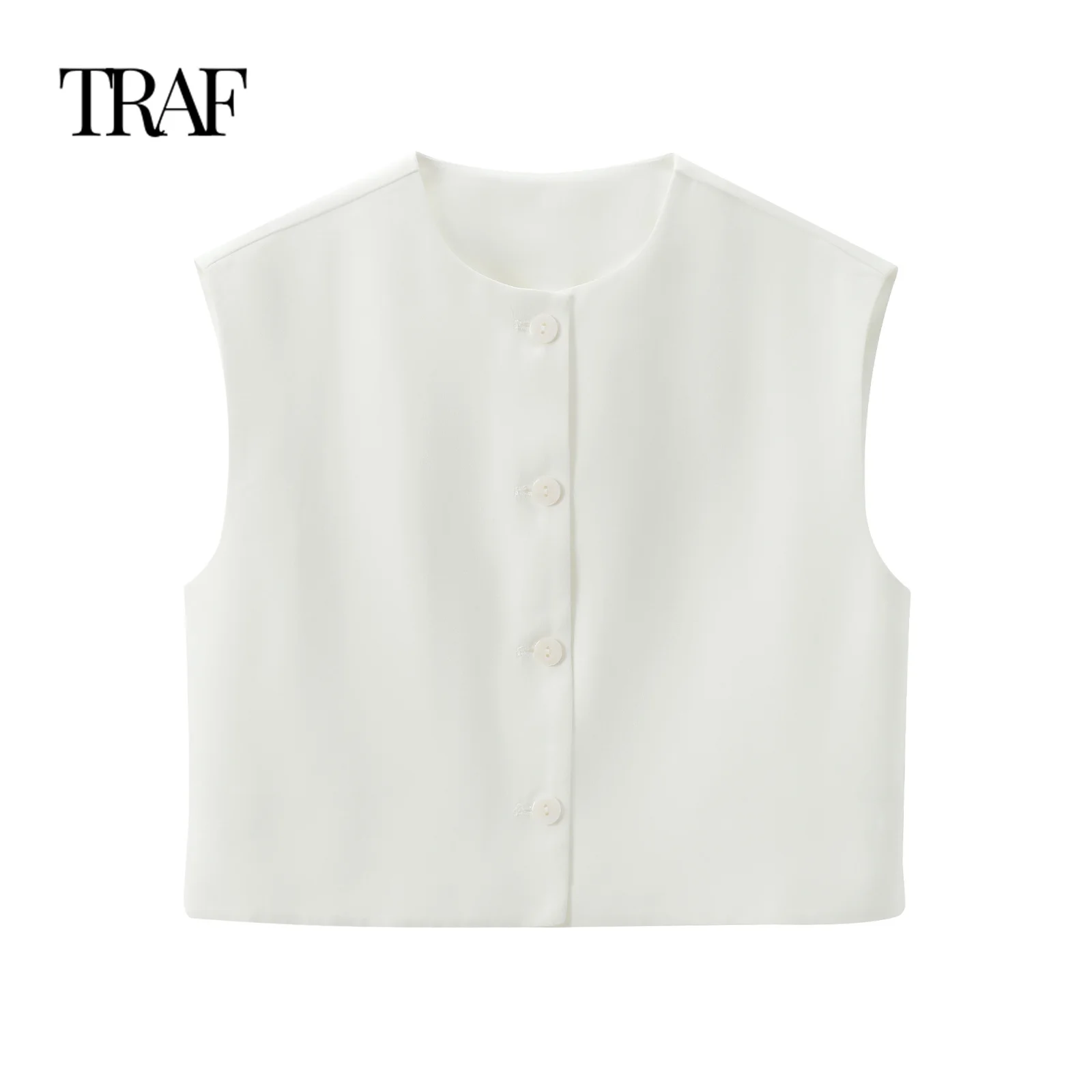 TRAF Women\'s Clothing Summer New Casual Sleeveless Round Neck Single-breasted Vest Style Shirt Chic Office Ladies Tops Mujer