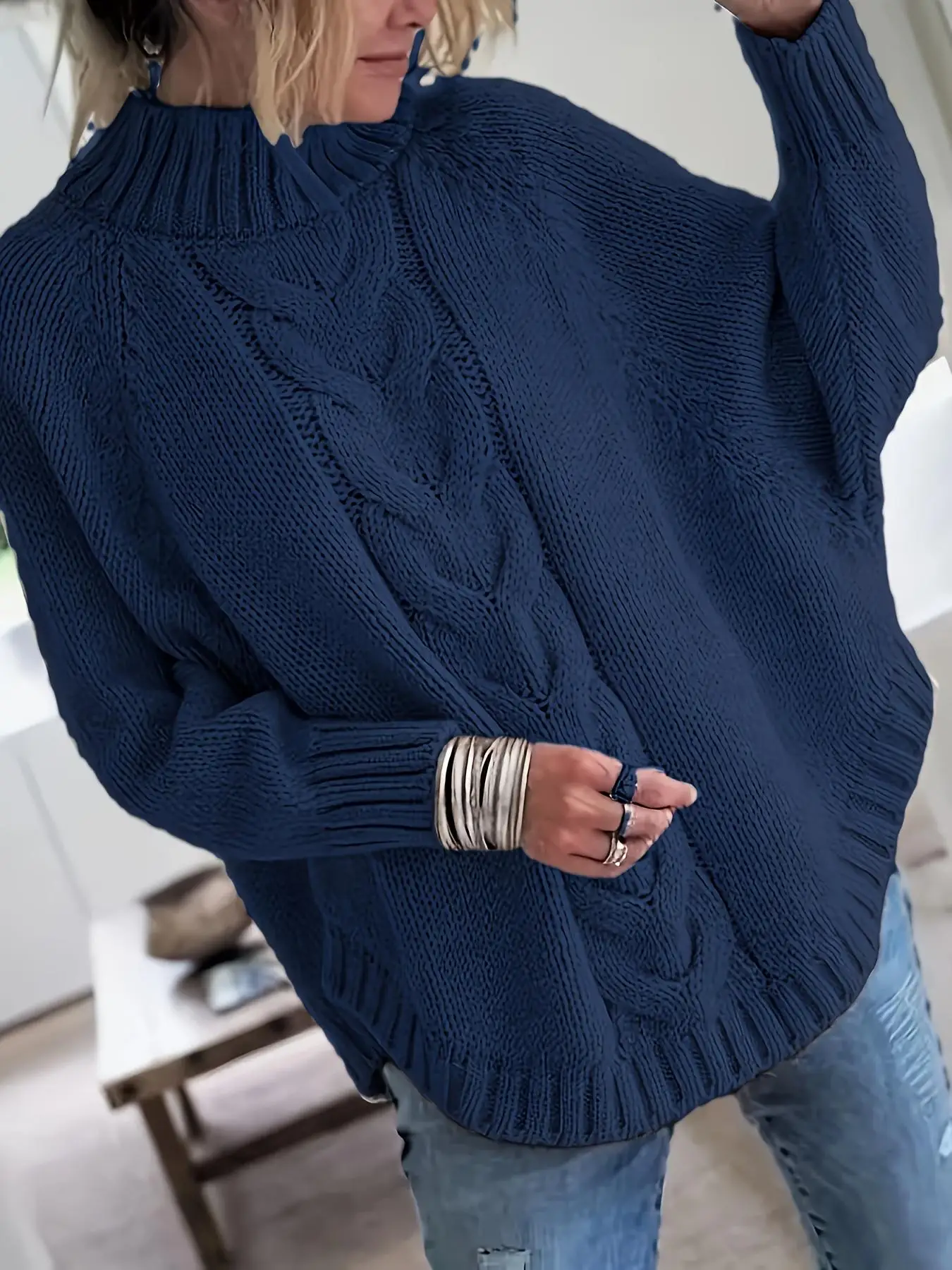 Damen Übergröße Lässiger Pullover mit Fledermausärmeln (Herbst/Winter) – Detail 6