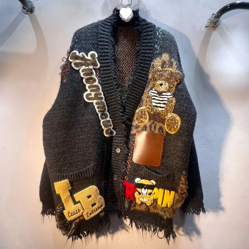 WTHT Fashion Women's Spliced Plush Badge Hole Knit Cardigan 2025 Winter Trendy V-neck Long Sleeves Sweater Female 1LS2771