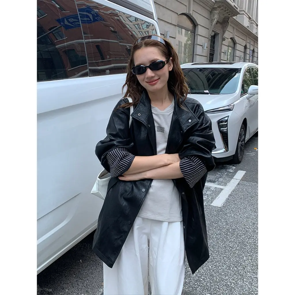 The Mind-Chaqueta de piel sintética para mujer, prendas de vestir exteriores de longitud media y sensación holgada, nuevo estilo T5383Q, abrigo informal de moda