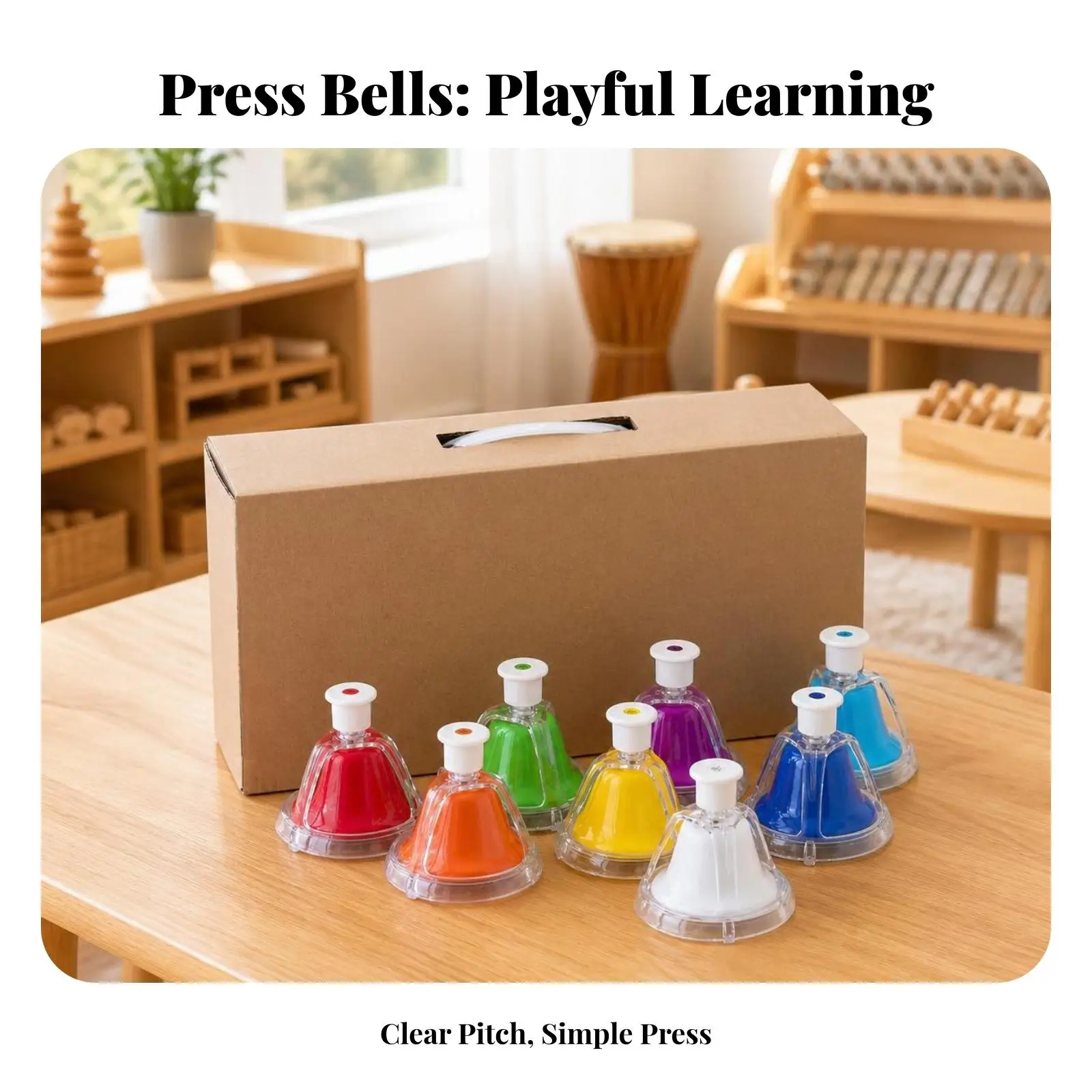 Percussion Music Bell Chime 8 Note Transparent Shell Handbell Set for Group Activities Small Metal Bells with Sturdy Base