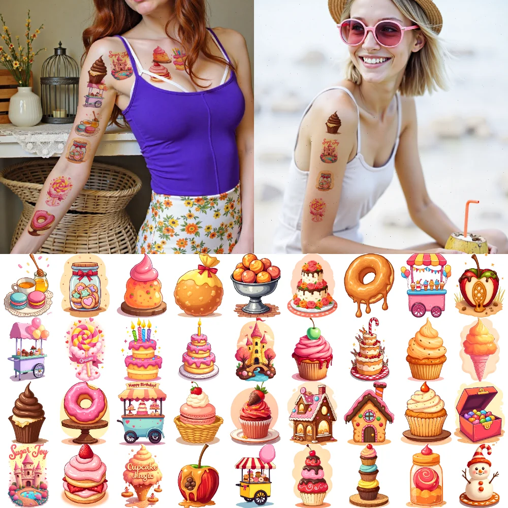 63Pcs Temporary Tattoo Waterproof Cartoon Cake Cute Fake Tattoo Stickers Candy Kids Body Art Disposable Tattoo Sticker