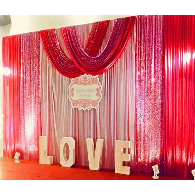 

Luxury Wedding Backdrop Curtain White Background Drapery Red and Sequin Swag Pleated Event Party Home Decoration