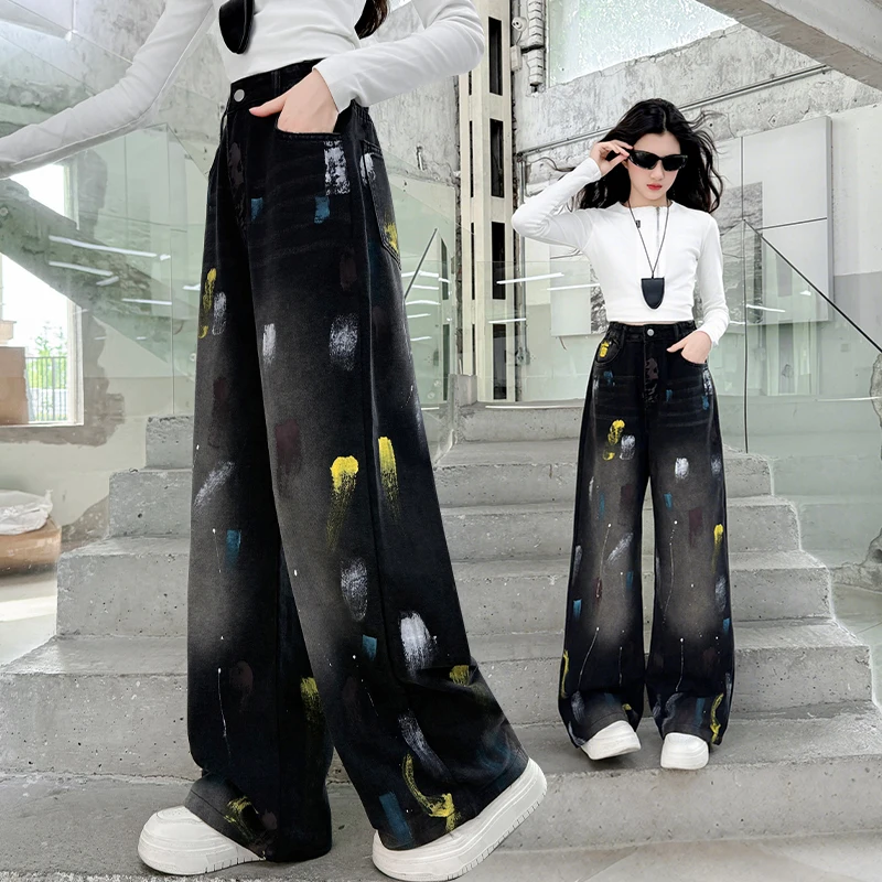 

American Kids Loose Straight Graffiti Designs Jeans for Teen Girls Street Trousers Children Cool Black Denim Pants with Drawings