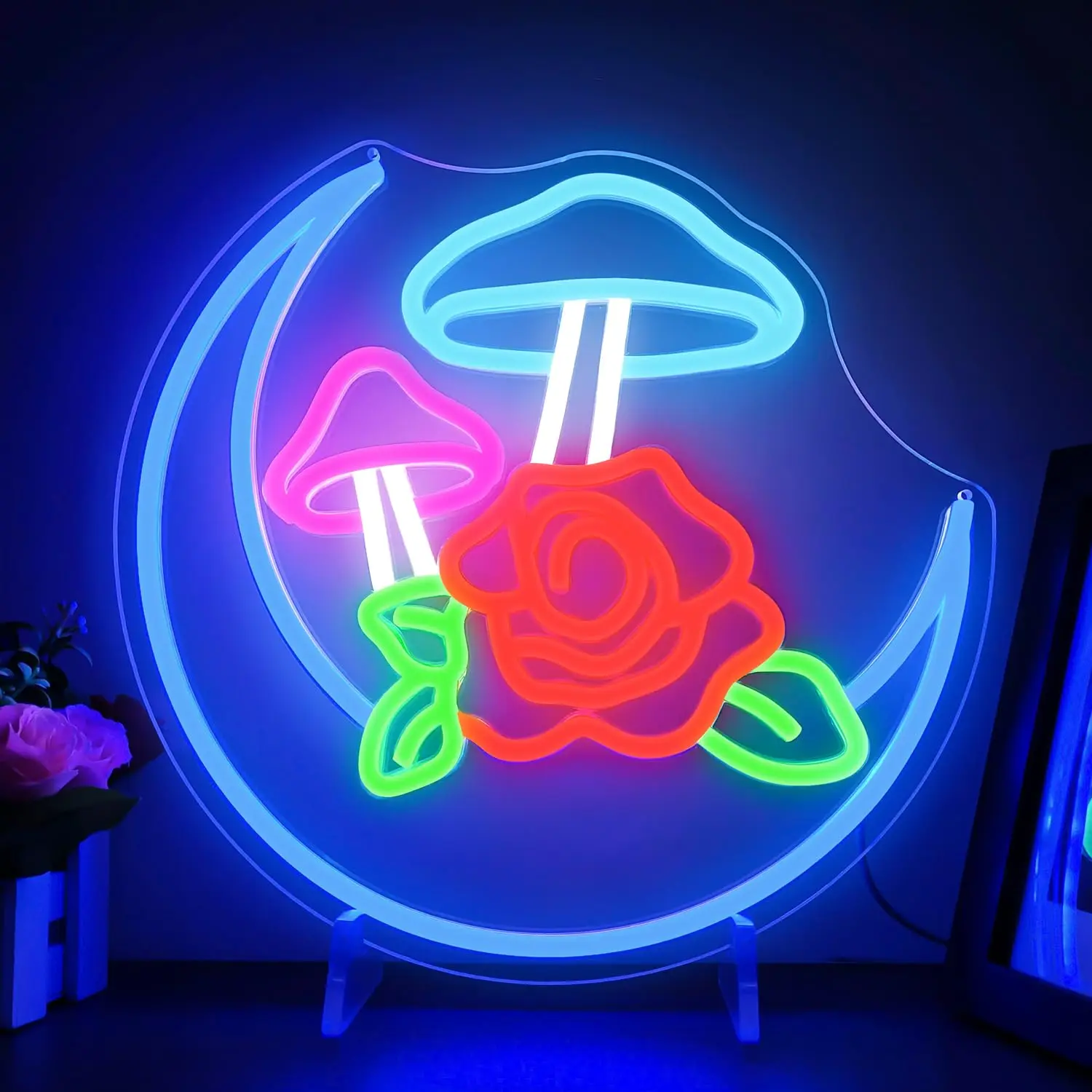 Moon Mushroom Neon Sign Rose Flower Led Neon Light For Bedroom Living Room Kids Room Game Room Home Bar Party Decoration Gifts