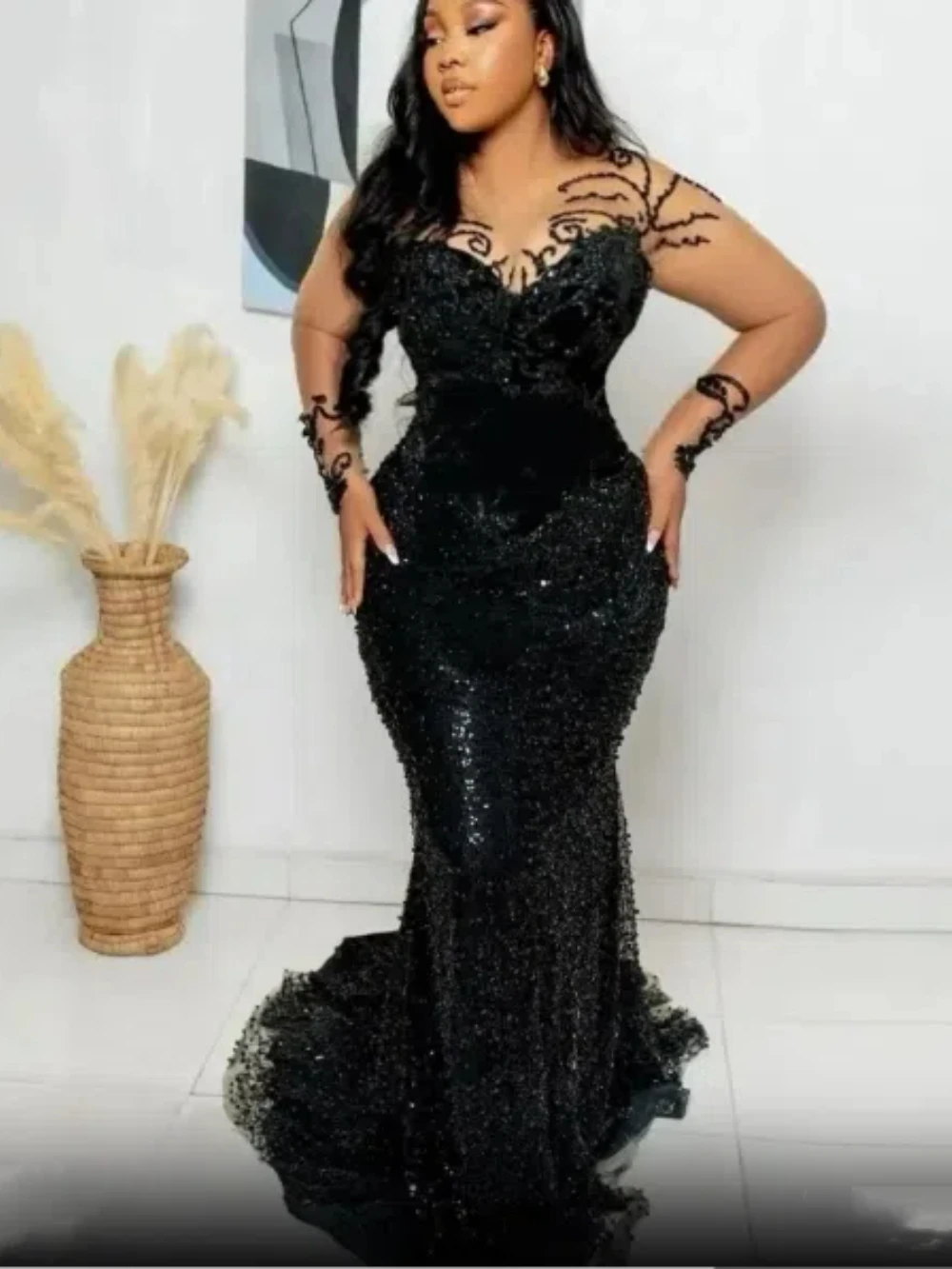 

Customized Luxury Black Mermaid 3D Lace Pearl Embroidery Women's Evening Dress V-neck Long Sleeve Birthday Engagement Ball Dress