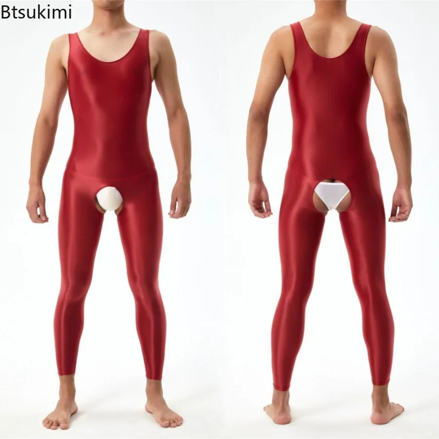 

New Men's Oil Shiny Body Shaper Bodysuit Sexy Tights One-piece Jumpsuit High Elastic Fitness Wear Sleeveless Open Crotch Onesies