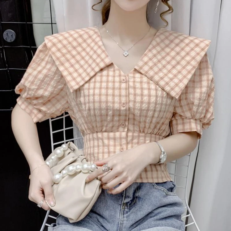 Sweet Plaid Short Shirt Tops Summer New Short Sleeve Slim Youth All-match Fashion Blouse Elegant Temperament Women Clothing