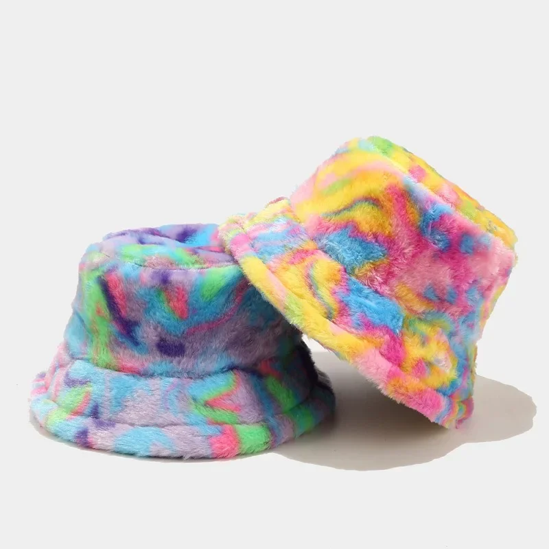 2024 Luxury Faux Fur Bucket Hat Woman Men Fluffy Colorful Print Tie-dye  Plush Velvet Fisherman Winter Hat Thic Warm Bob Panama