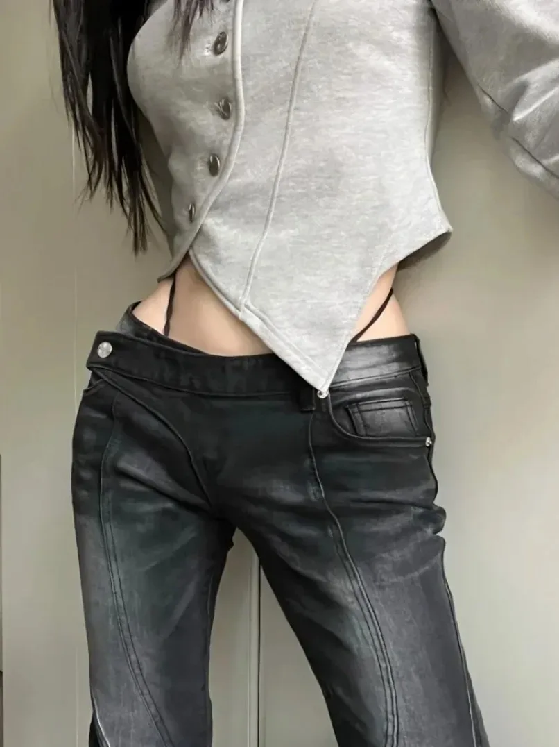 

American Street Low-waisted Flare Pants Black Gray Gradient Denim 2024 New Trousers Y2k Vintage Washed Straight Wide Leg