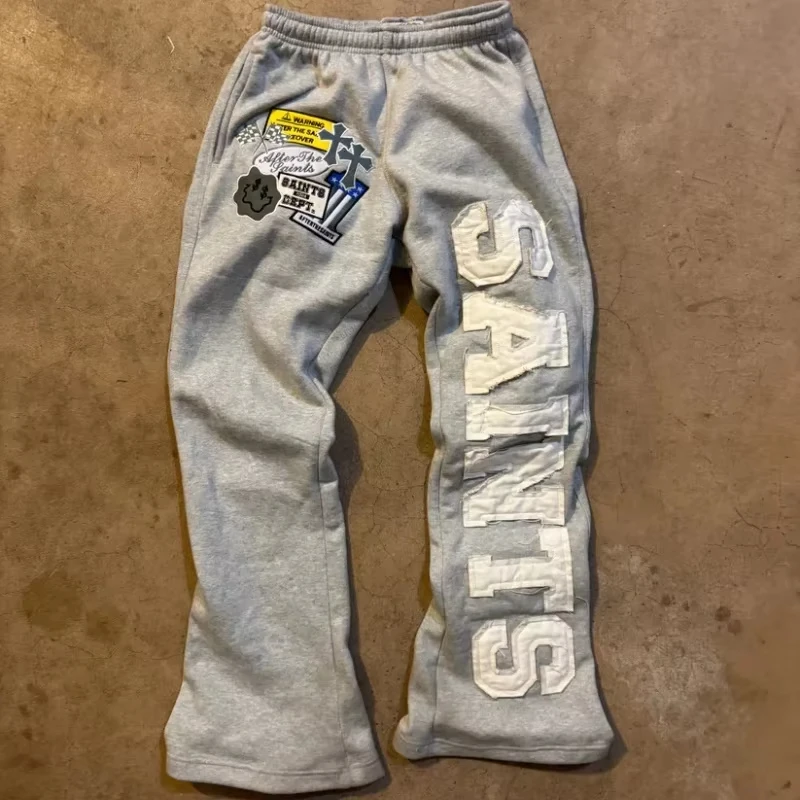 Sommer Hip-Hop Streetwear Schnelltrocknende Sport-Langhose für Männer und Frauen Vintage Patch-Buchstaben-Aufkleber-Design Elastische Taille Hose – Detail 3
