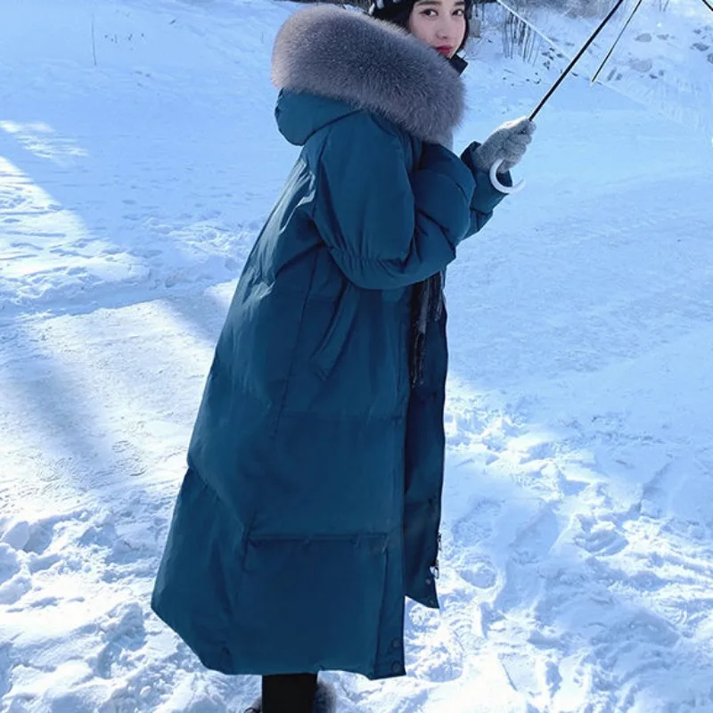 Abrigo de plumón de pato blanco para mujer, chaqueta de longitud media con Cuello de piel, Parkas gruesas, abrigo cálido con capucha, prendas de vestir de invierno, nuevo, 2023