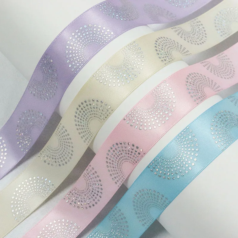 50Yards 25mm Hologram Gold Silver Foil Dots Peacock YAMA Satin Ribbon For DIY Badge Tray Material Welcome Custom Design