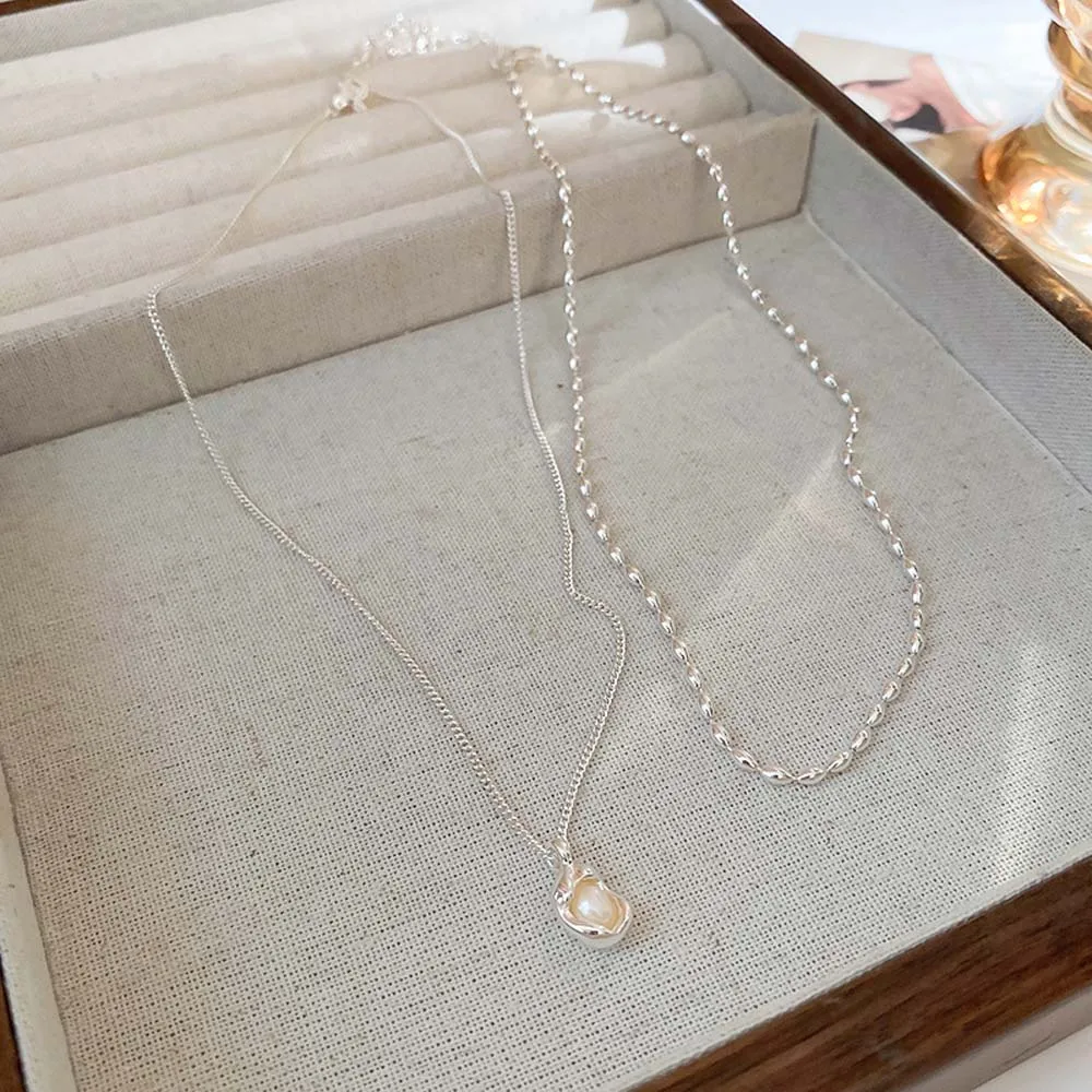 French Simple Irregular Pearl Double-Layer Necklace Fashionable All-Match Clavicle Chain High-Level Elegant Necklace for Women