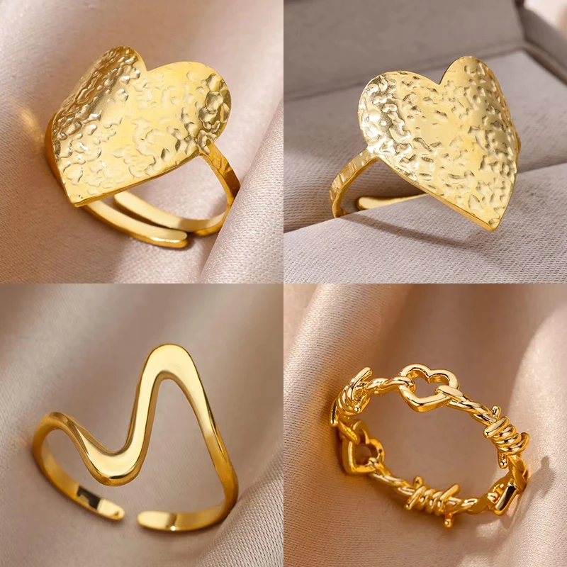Stainless Steel Heart Rings For Women Gold Color Open Geometric Ring 2024 Trending Luxury Wedding Aesthetic Fashion Jewelry
