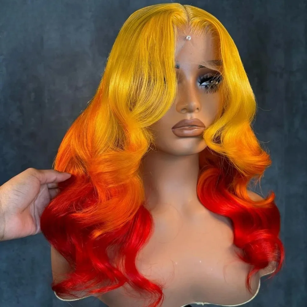 Ombre Yellow Red Colored Lace Wigs For Women Body Wave HD Lace Front Glueless Wigs High Density Preplucked With Natural Hairline