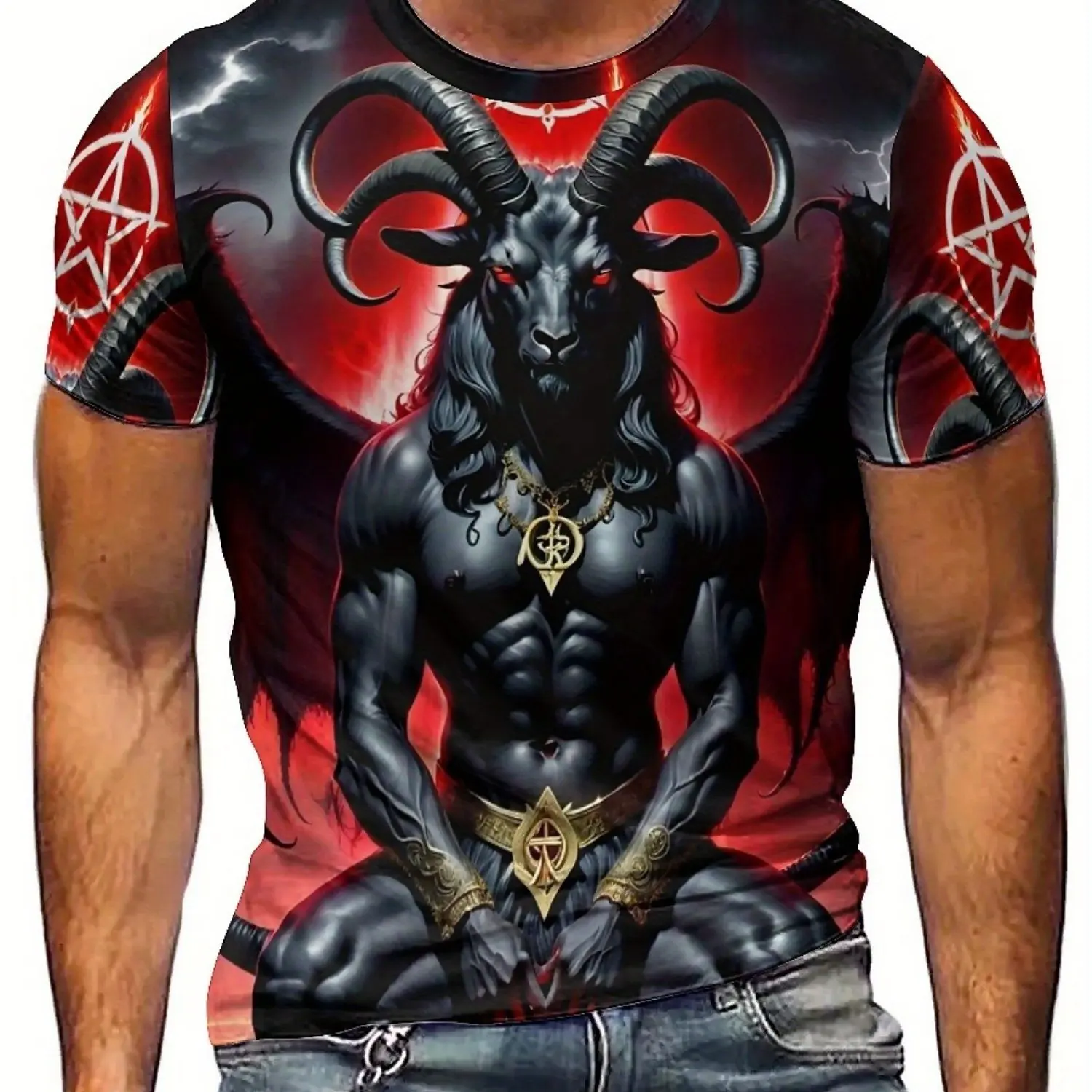 تي شيرت صيفي بطباعة ثلاثية الأبعاد على الطراز القوطي للرجال والنساء - بوليستر ناعم، تصميم هندسي جريء Baphomet الخماسي