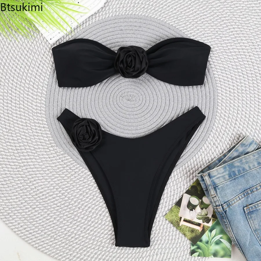 New Bandeau Bikini Front 3D Flower Flower Decoration Swimwear Women High Waist Solid Swimsuit Sexy Beachwear Bathing Suit Summer