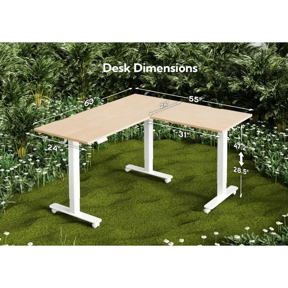 Solid Wood Triple Motor L Shaped Standing Desk, 63 x 55 inch Corner Stand Up Table, Adjustable Height Home Office Desk, Nature