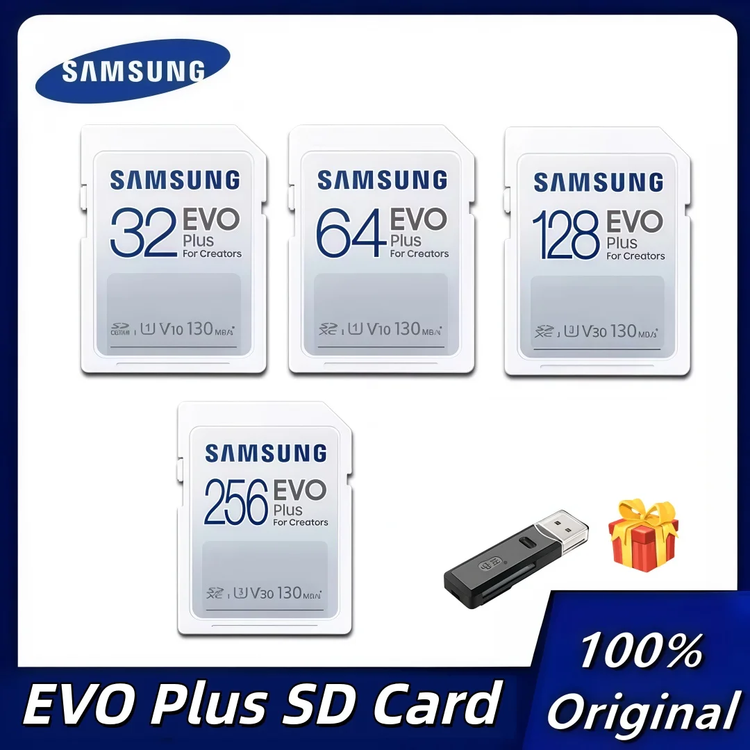 Tarjeta de memoria SD Samsung EVO Plus de 128GB, 256GB, SDXC V30 U3, 2GB, SDHC V10 C10, 64GB U1, 130MB/s para cámara