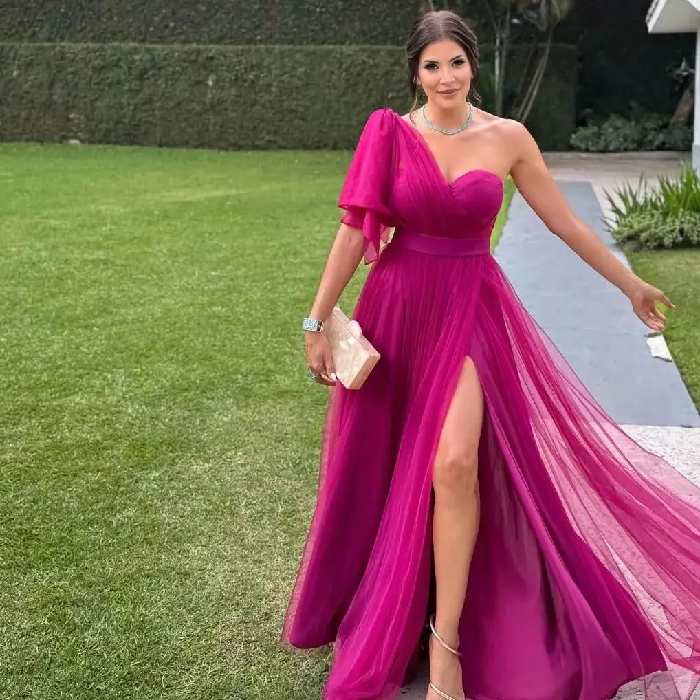 New Fuchsia Women Evening Dresses A Line One Shoulder Pleats Party Gowns for Formal Customized High Slit Tulle Vestidos De Noche