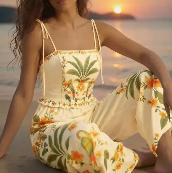 Ladies' Fashionable Vacation Style Printed Camisole Jumpsuit 2026 Summer Beach Casual Women Fashion Sleeveless Bandeau Jumpsuits