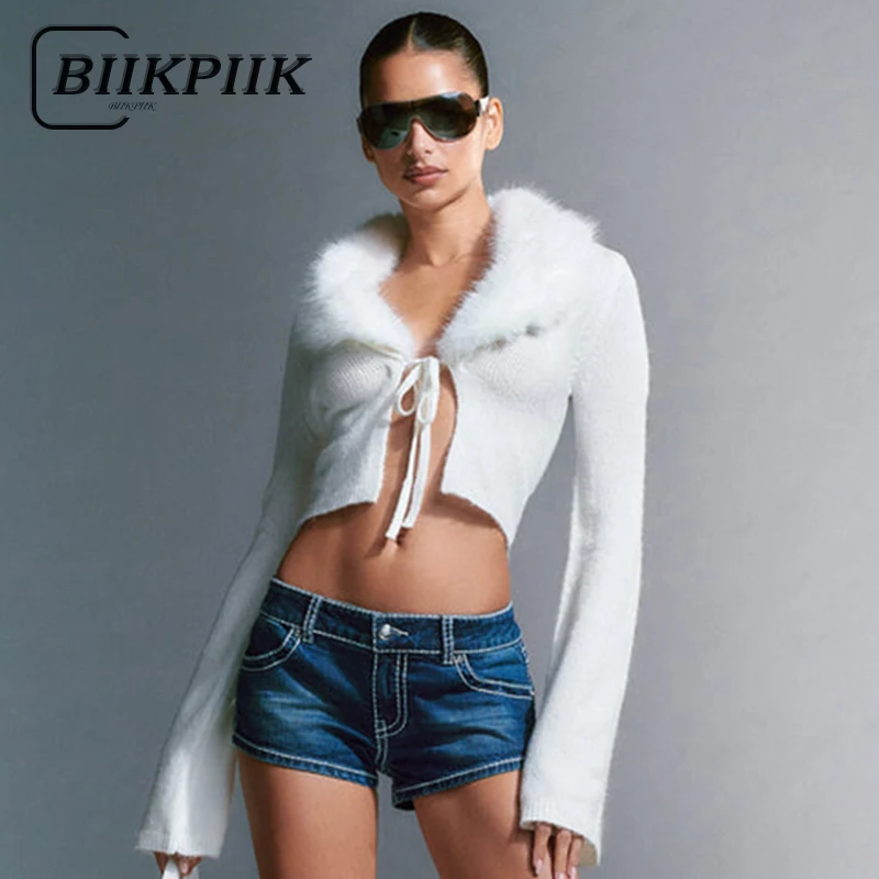 BIIKPIIK Casual Fur Collar Patchwork Lace Up Women Cardigan Basic Concise White Sweater Jackets Autumn All-matched Crop Top Sexy