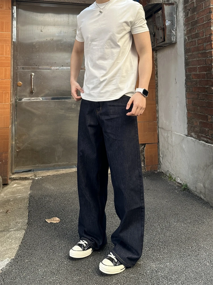 

American Style Deep Blue Denim Men's Jeans CleanFit Straight Loose Retro Original Cowhide Wide Leg Pants Casual Leisure