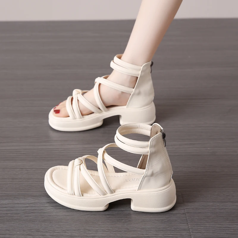 2024 New Summer Sandals for Women Fashion British Style Roman Sandals Cross-tied High Top Women Sandals Comfortable Casual Shoes