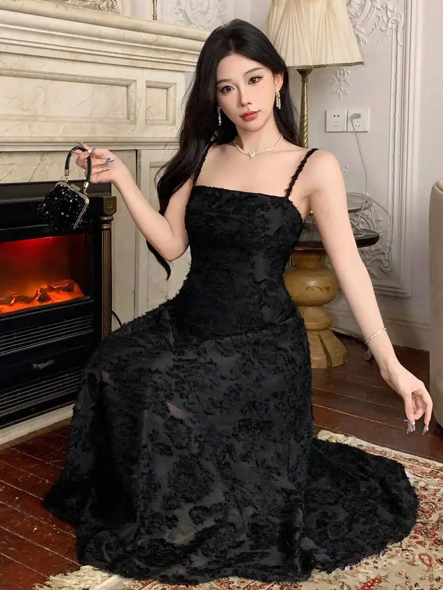 

Elegant Black Spaghetti Strap Lace Prom Dress Formal Evening Gown
