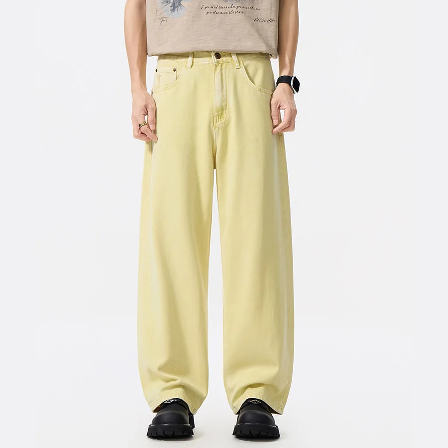 

Men Streetwear Fashion Hip Hop Vintage Washed Yellow Denim Loose Casual Straight Plus Size Baggy Jeans Pants Man Trousers