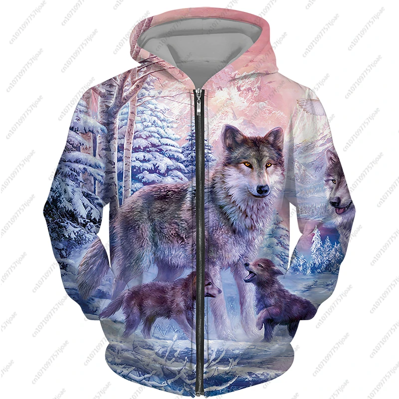 2024 New Men\'s Zipper Hoodie Wolf Fashion Jacket Animal 3D Print Pattern Sweatshirt Street Apparel Casual Clothes Men Clothing