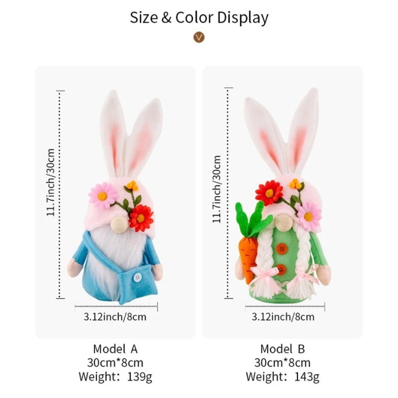 Easter Decoration Flower Hat Rabbit Doll Bunny Holding Carrot Faceless Gnome Figurine Creative Home Desk Easter Party Ornament