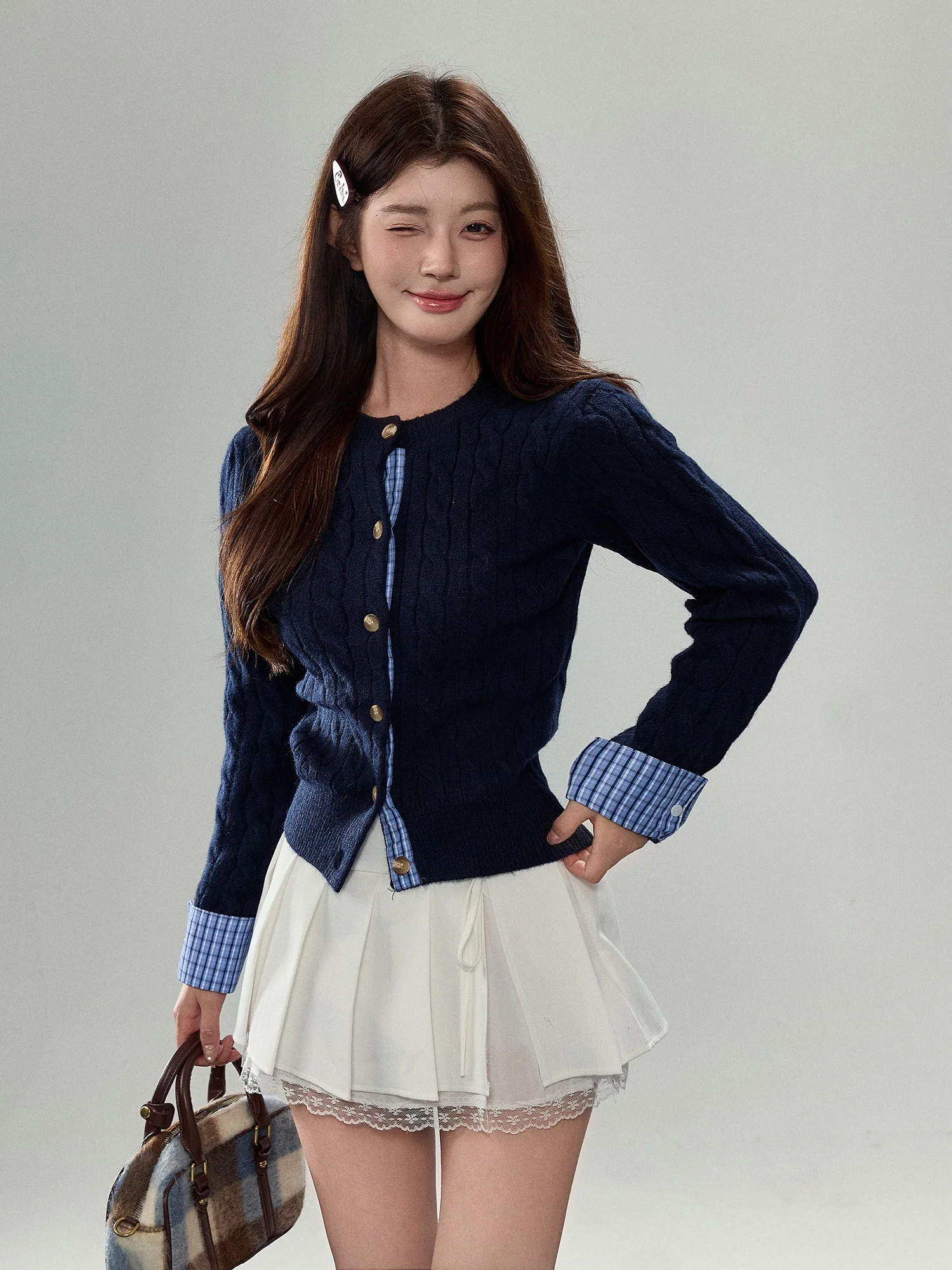 

Swee Tweed Pattern Splicing Knitted Sweater Coat Women's College Sle Vintage Knitted Top Warmth Fall Season Long Sve