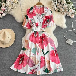 YuooMuoo Women Dress Fashion Print Floral A-line Shirt Dress Elegant Vintage Off Lady Summer Dress with Belt Casual Vestidos