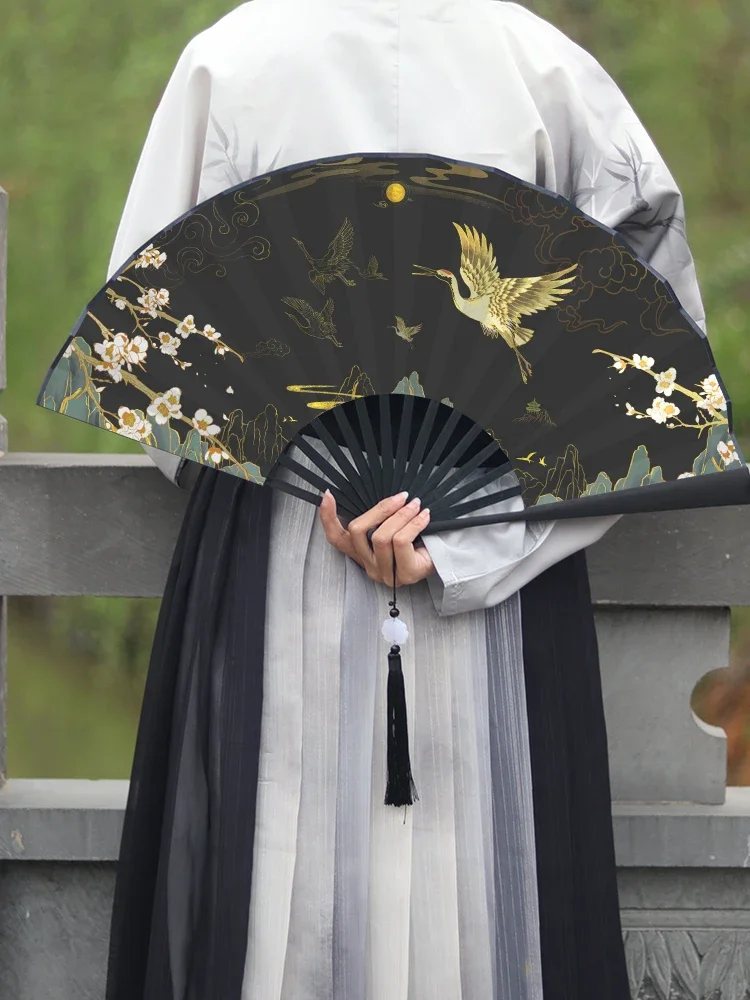 Antique home decoration folding fan silk cloth Chinese style Ink Hanfu Ancient Male Fan Summer Bamboo Folding Portable