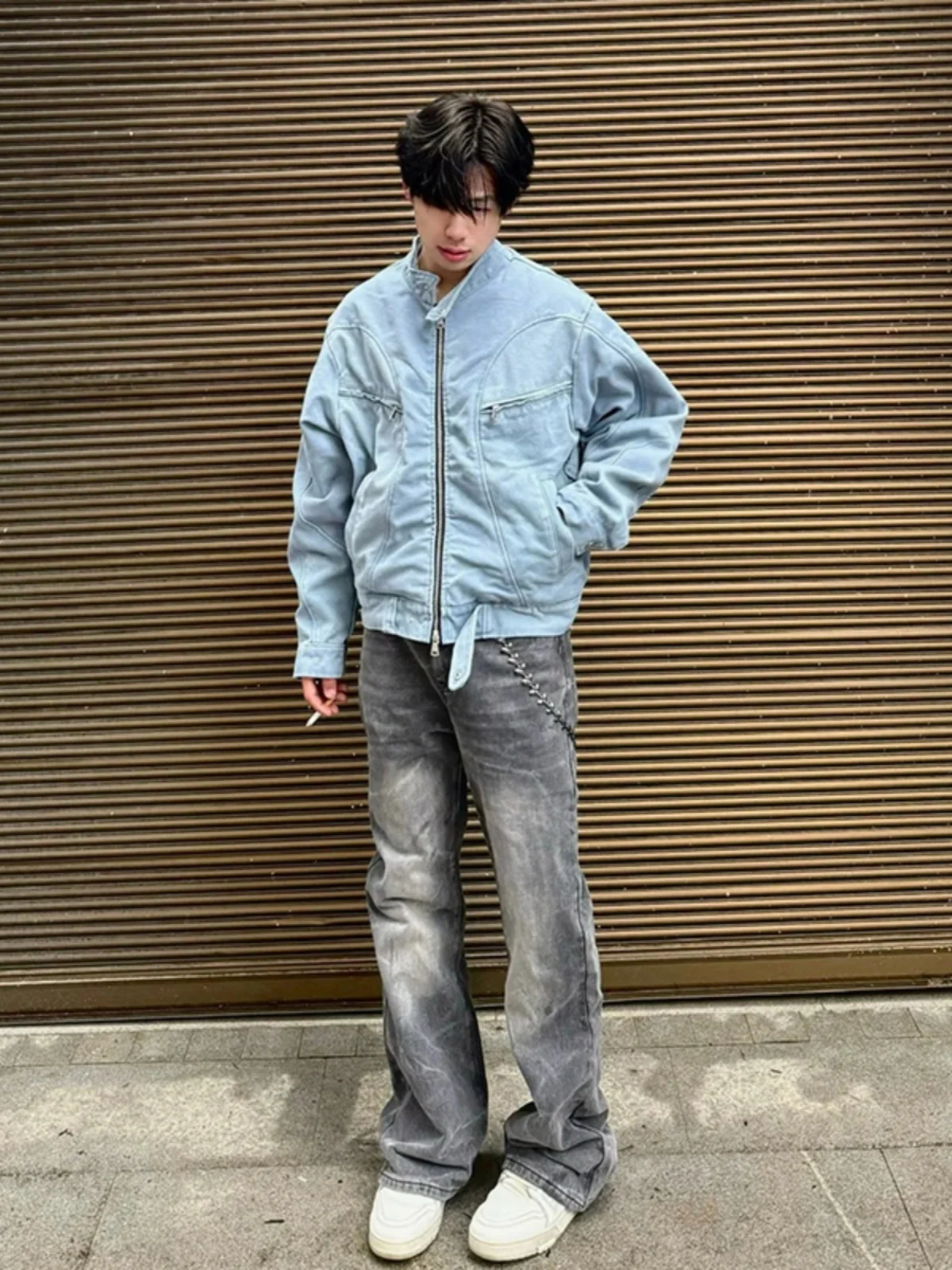 

Blue ort Sle Youthful Spring Autumn Men's Jaet Zipper Closure Casual Loose Fit Outerwear Trendy Baseball Coat