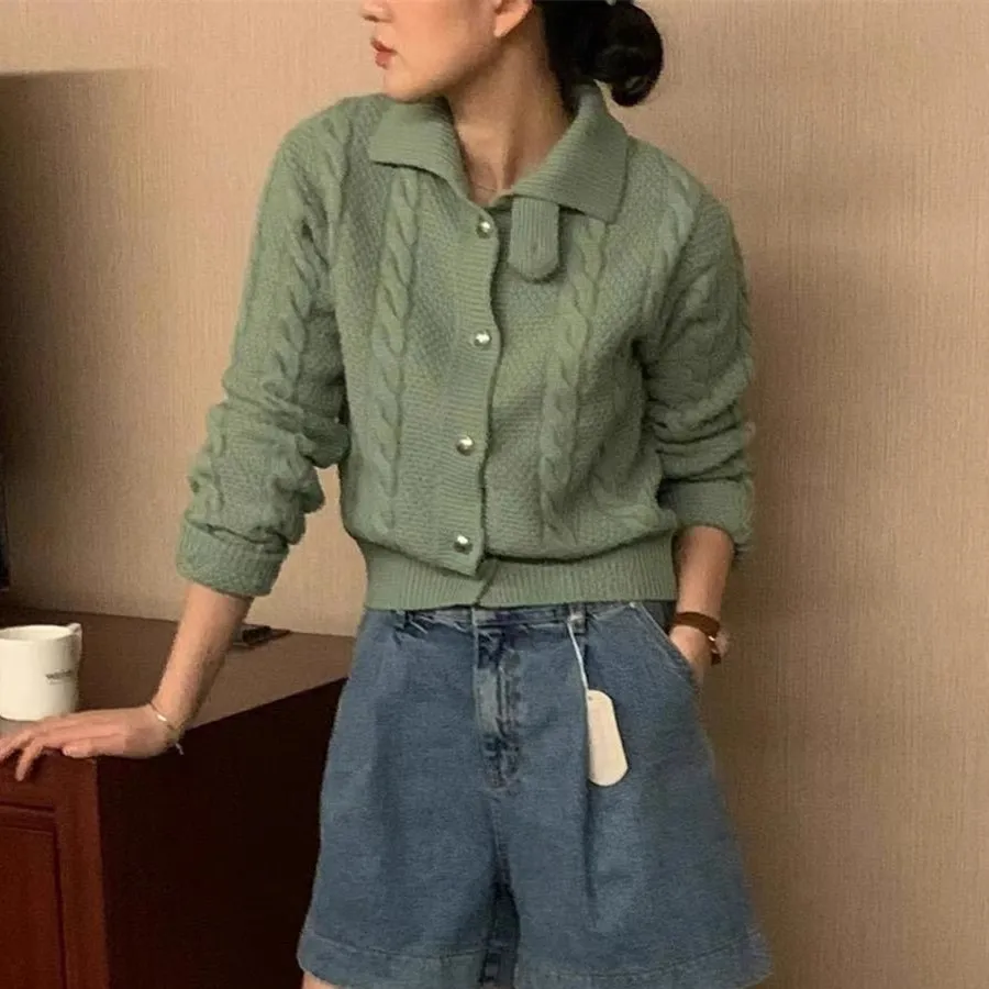 

Весенне-осенний вязаный свитер чистого цвета, универсальный простой дизайн, корейский шикарный антивозрастной женский свитер маленького размера...