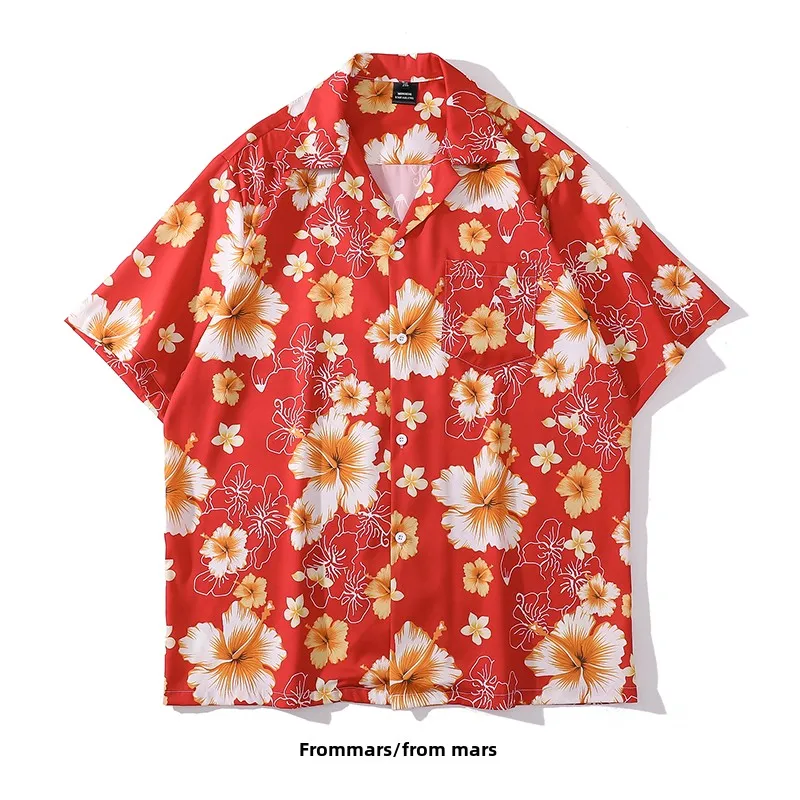 

Свободная повседневная красная рубашка с коротким рукавом из летней коллекции: комфортная, в стиле Гавайи, с принтом, молодежная, модная.