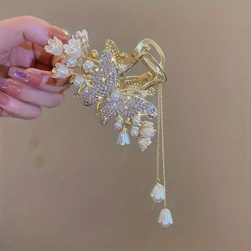 Exquisite Flower Butterfly Rhinestone Tassel Hair Clip with Lily of the Valley Back Headpiece - Perfect for Women\'s Hair Accesso