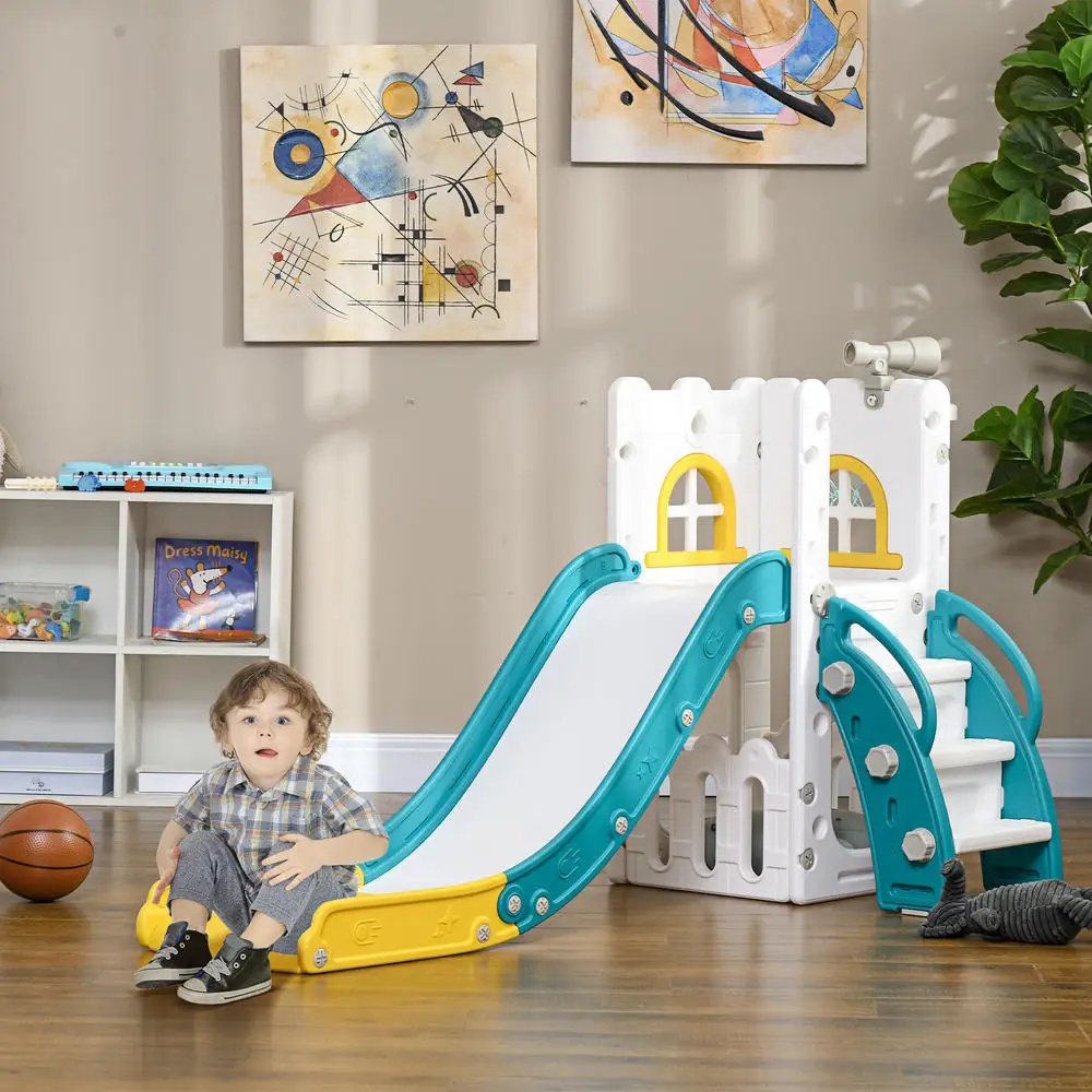 Toboggan 5 en 1 jaune pour enfants, structure multifonction avec panier de basket, mur d'escalade, télescope et espace de rangement, dimensions totales 70 x 177 x 92 cm pour l'intérieur