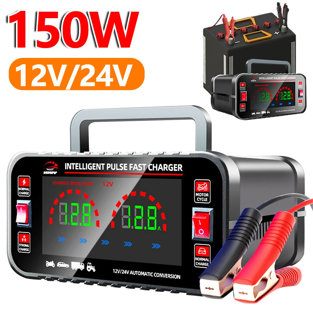 12V/24VRepair Car Battery Charger Smart Motorcycle Battery Charger Large Screen Smart Pulse Repair AGM GEL WET Lead Acid Charger