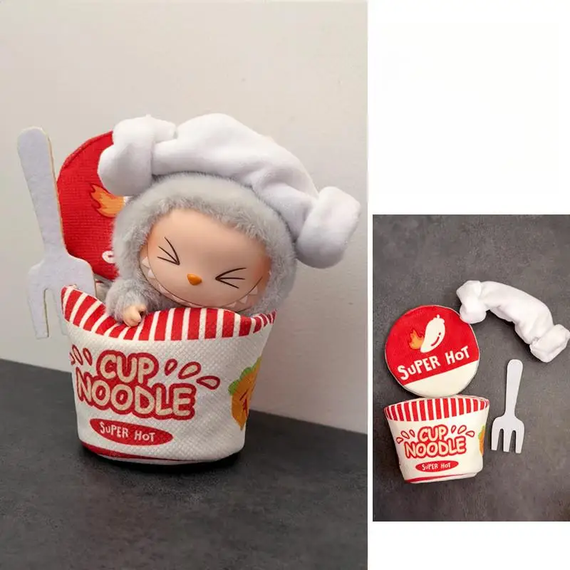 Cubo de fideos instantáneos, ropa para muñeca Labubu, caja de leche de maíz, estilo de viaje, juguete para regalo para niños, sin muñeca