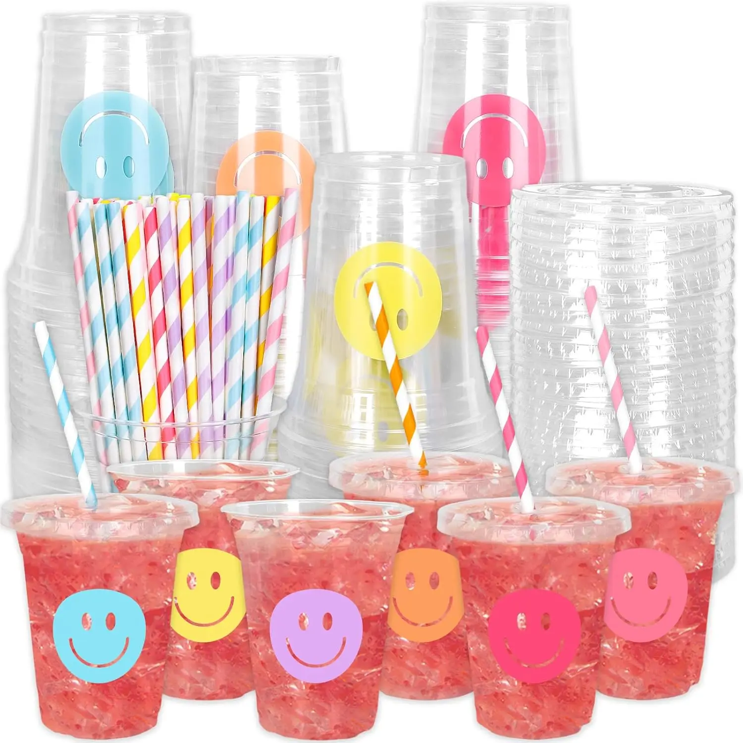 

60Pcs Smile Face Disposable Plastic Cups with Lids and Straws 12oz Pastel Preppy Smile Pattern Cold Beverage Drinking Cu