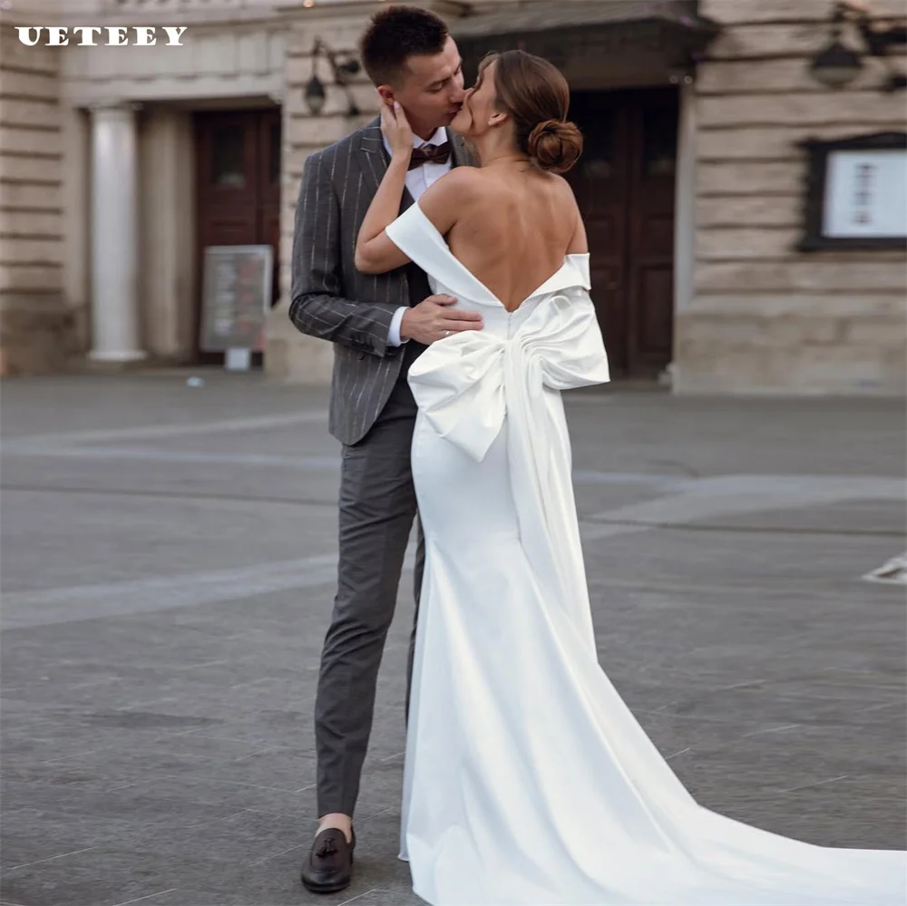 

UETEEY Customized Off Shoulder Pleats Crepe Mermaid Wedding Dress Bow Zipper Back Court Train Bridal Gown vestidos de novia