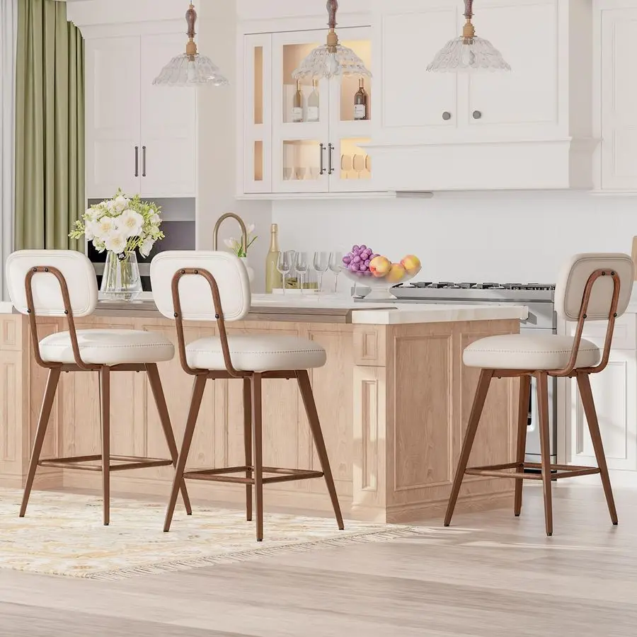 Conjunto de 3 bancos de bar giratórios de couro, cadeiras de bar de altura de balcão de meados do século com encosto baixo e pernas de metal, cadeira de banco de bar moderna f