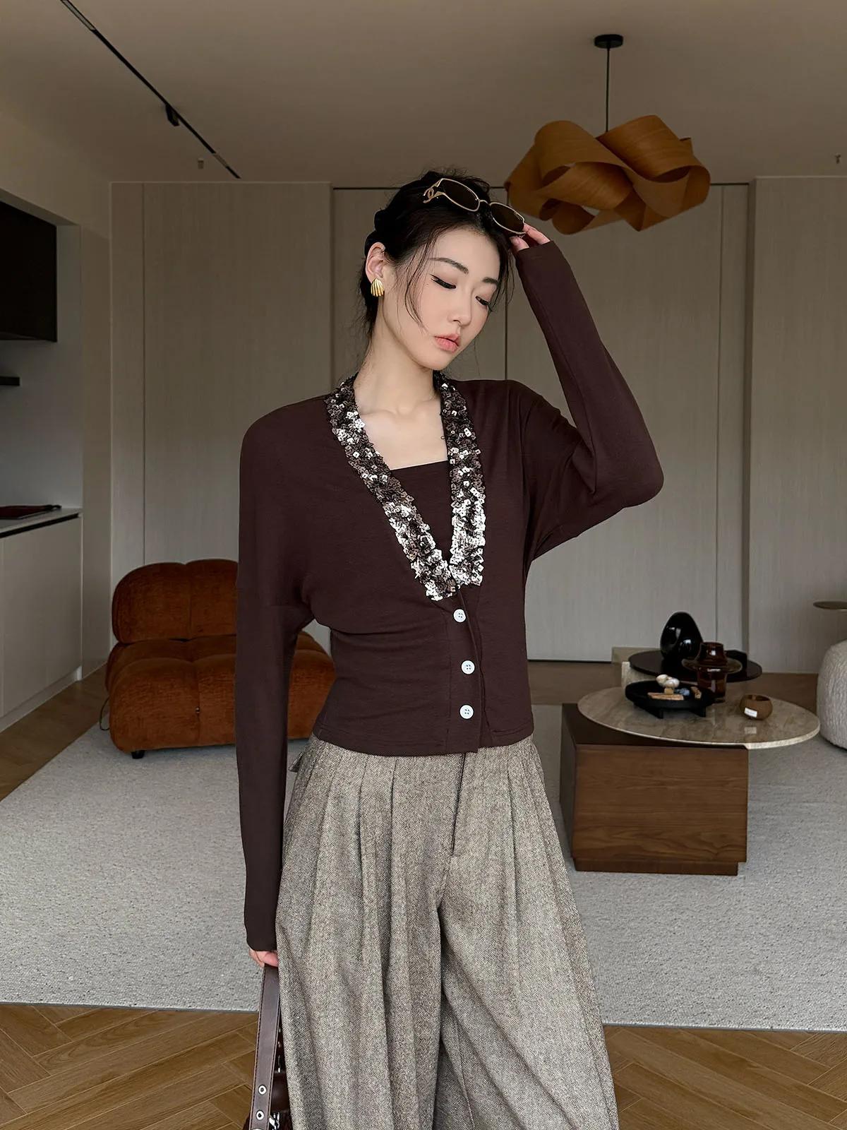 

Chic Long Sve Sequin Top Women's Faionable Slimming Design Casual Sle High Waist T-irt Breathable Comfortable Material