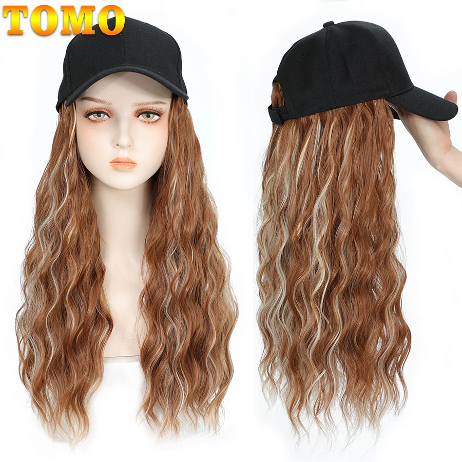 TOMO Baseball Kappe mit Haar Extensions für Frauen Einstellbar Hut mit Synthetische Perücke Befestigt 16 zoll Natürliche Wellenförmige Haar